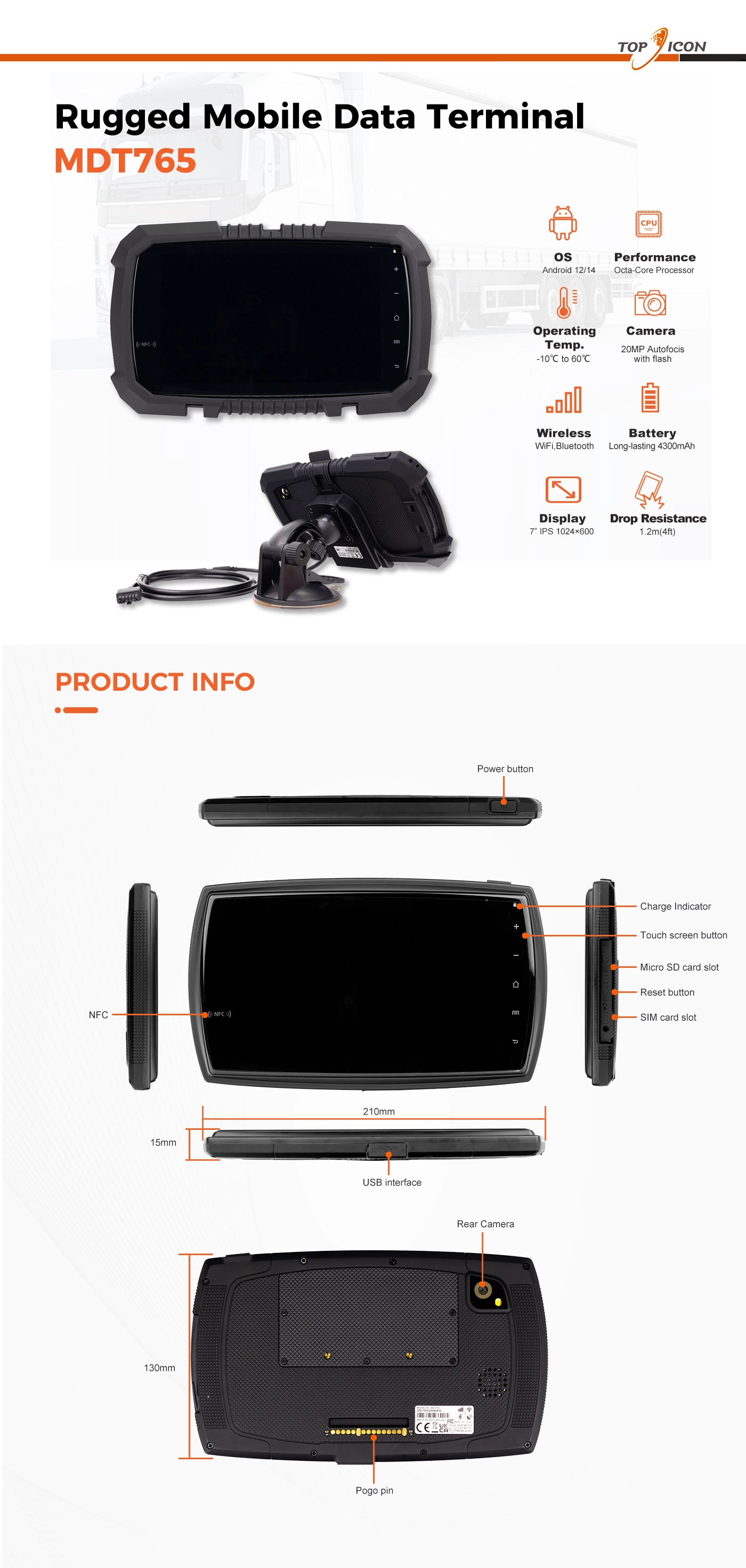 MDT765 rugged 8-inch tablet full view with cradle and vehicle mount