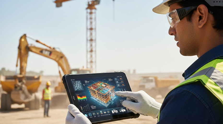 field service technician using rugged tablet for maintenance and inspection tasks