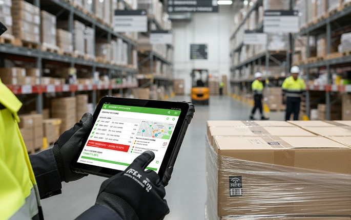 Rugged Android tablet used for warehouse logistics and inventory management