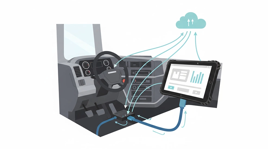 Truck driver using an ELD tablet mounted in the vehicle cabin