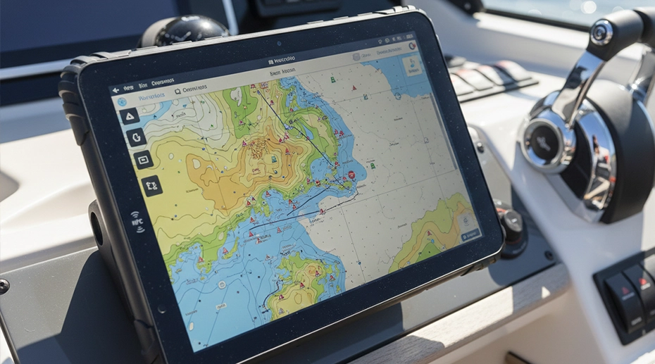 Navionics tablet running marine navigation charts on a rugged Android tablet in a boat cockpit