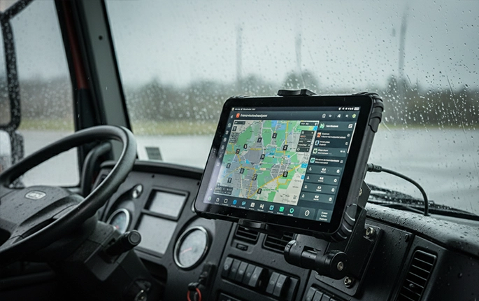 OEM rugged tablet installed in truck dashboard