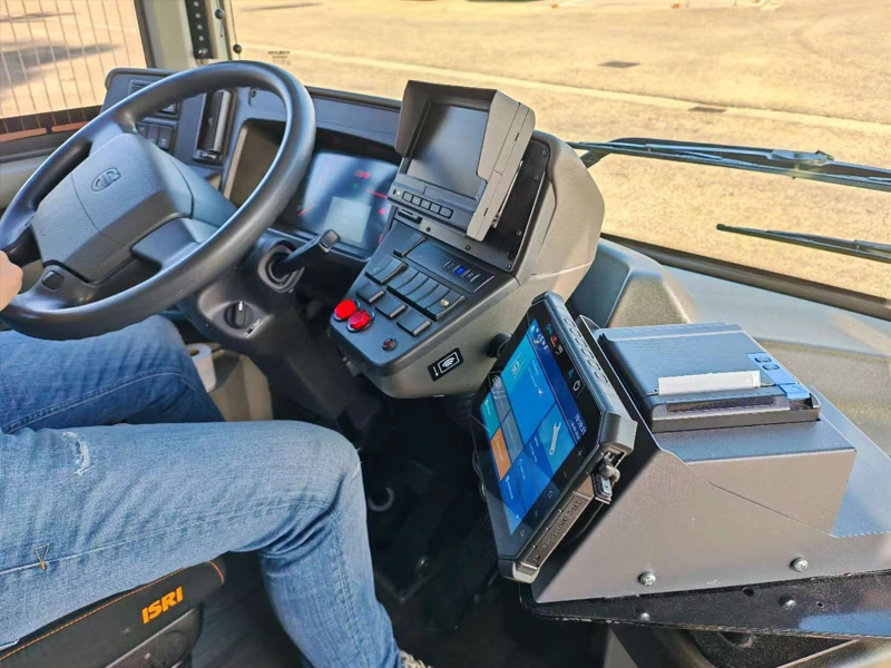 Rugged Android tablet installed in public transit bus for route monitoring and passenger service management