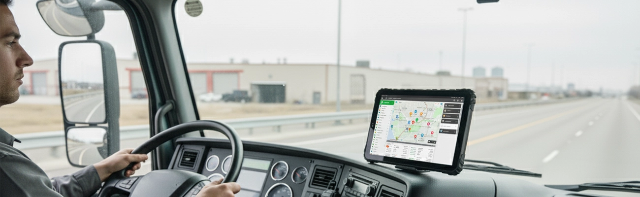 alt="Driver using a rugged transportation tablet for navigation and dispatch"
