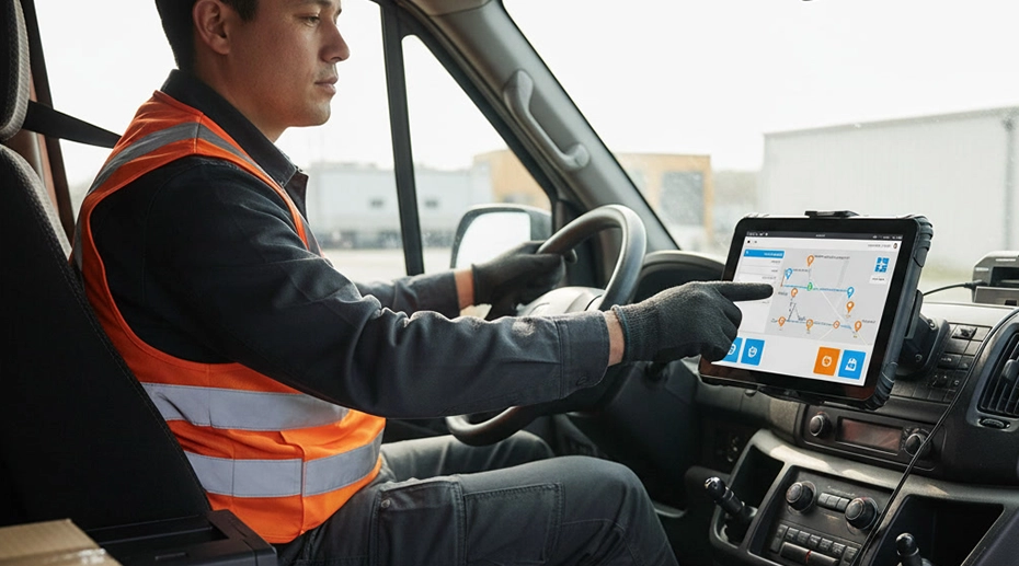 In-vehicle rugged tablet MDT865 displaying dynamic route optimization and GPS navigation with live traffic updates.