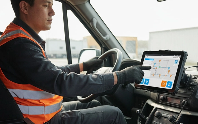Dispatch communication system on vehicle mount tablet showing real-time messaging and job assignment interface