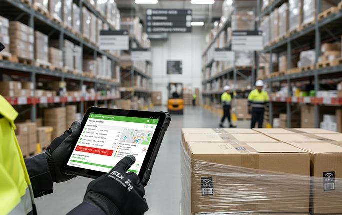 tablet used for warehouse inventory management and stock tracking