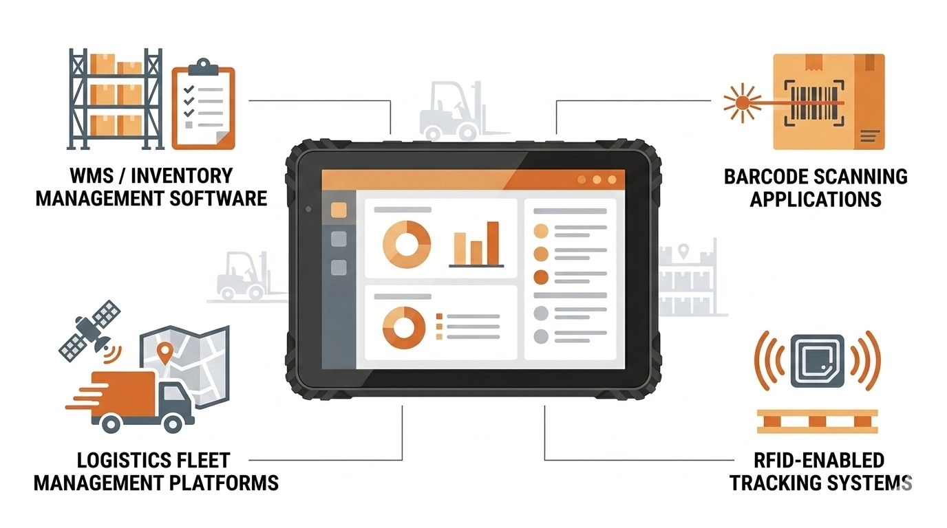 rugged tablet used with warehouse management systems and logistics software