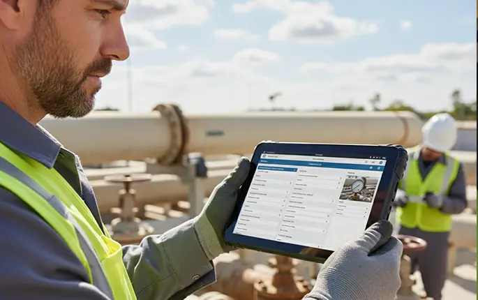 Field technician holding a mobile device locked to a work order form in kiosk mode, with a lock symbol indicating single-app focus for offline inspections.