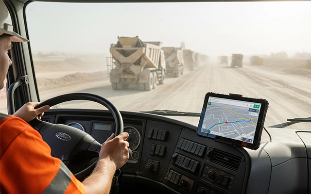 construction equipment monitoring tablet in excavator cabin with real-time machine diagnostics