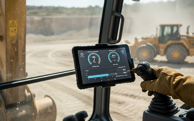 rugged tablet for construction fleet management showing truck tracking and dispatch system
