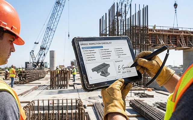 construction site tablet used for digital work orders and inspection reporting by field engineer