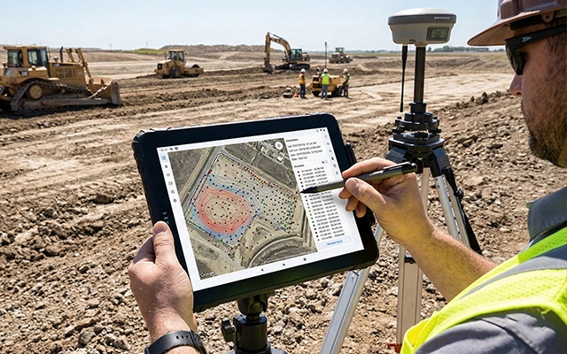 rugged tablet for construction site survey and GPS mapping in outdoor engineering environment