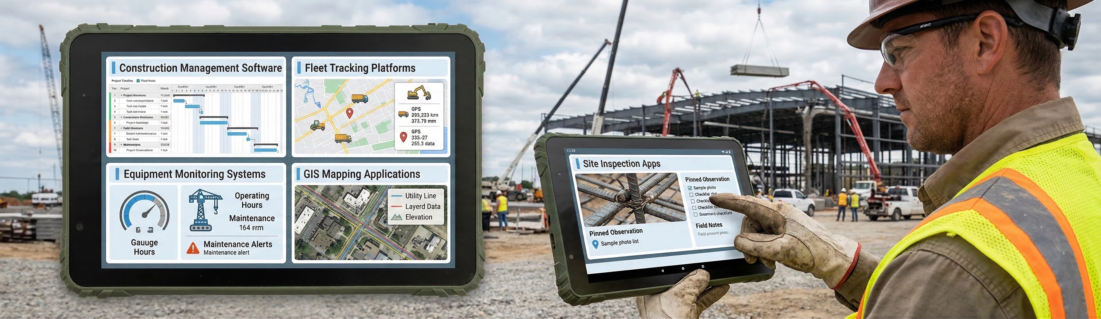 construction tablet running project management software on site with digital plans and workflow interface