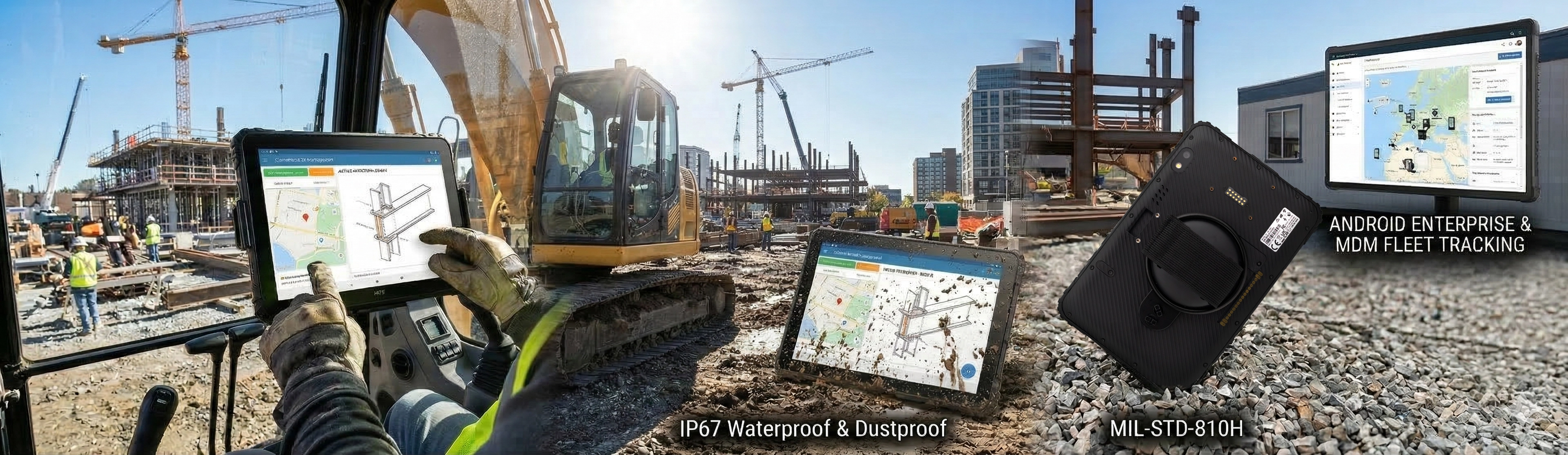 rugged construction tablet with waterproof design, sunlight readable display, and vehicle mount support on job site