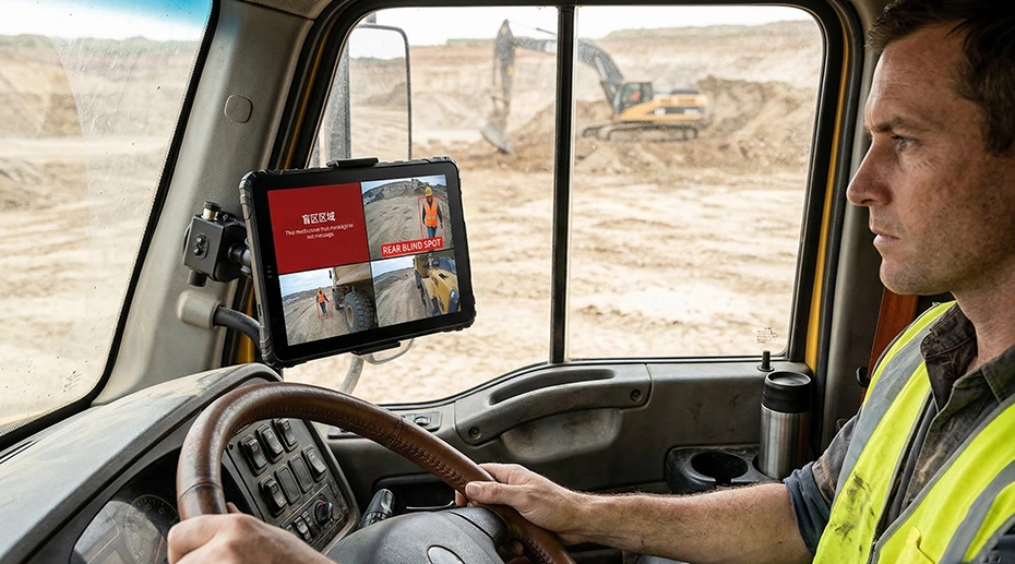 vehicle mounted rugged tablet installed in construction machinery cabin with docking station