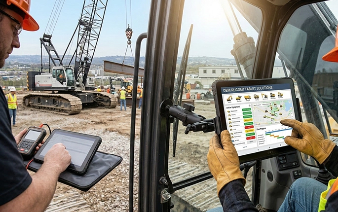 rugged tablet used on construction site for project management and data collection
