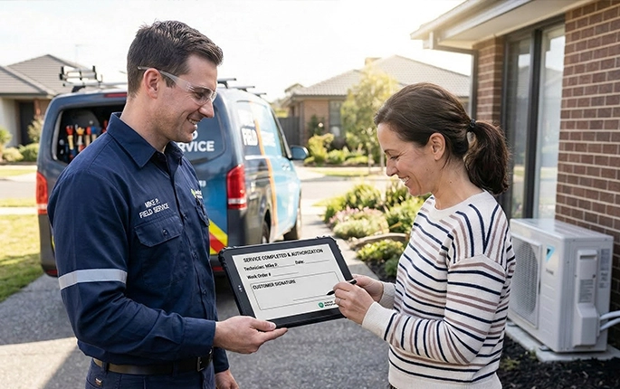 field service technician collecting customer signature on-site with tablet