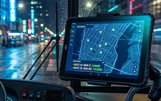 tablet used for tracking public transportation vehicles such as buses