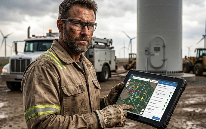Field service technician receiving remote provisioned work orders on rugged handheld tablet with GPS tracking
