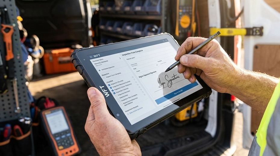 field service technician using rugged tablet outdoors for maintenance work in bright sunlight