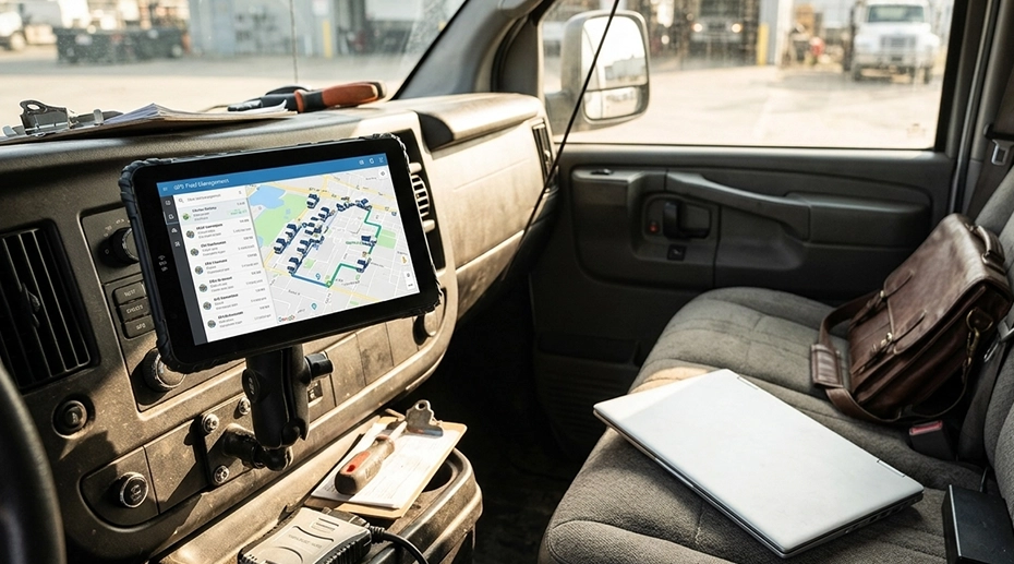 rugged tablet vs laptop comparison in field service environment inside vehicle dashboard and passenger seat