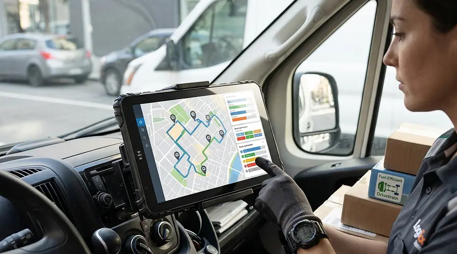 Two-way communication interface on a vehicle-mounted tablet MDT880 for seamless driver and dispatch center coordination.