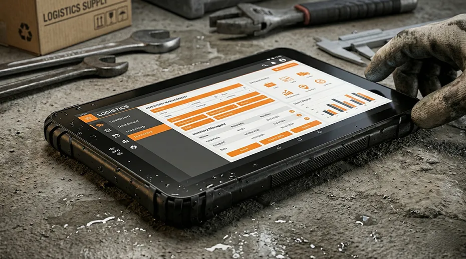 Rugged MDT865 tablet mounted on tripod at outdoor security checkpoint — OEM-ready display controller for vehicle inspection system integration, featuring 1000-nit sunlight-readable screen and fixed bracket deployment