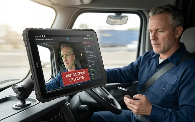 rugged tablet monitoring driver behavior and driving data in vehicle