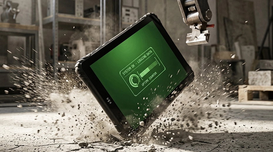Rugged tablet undergoing drop test on concrete surface demonstrating industrial durability engineering