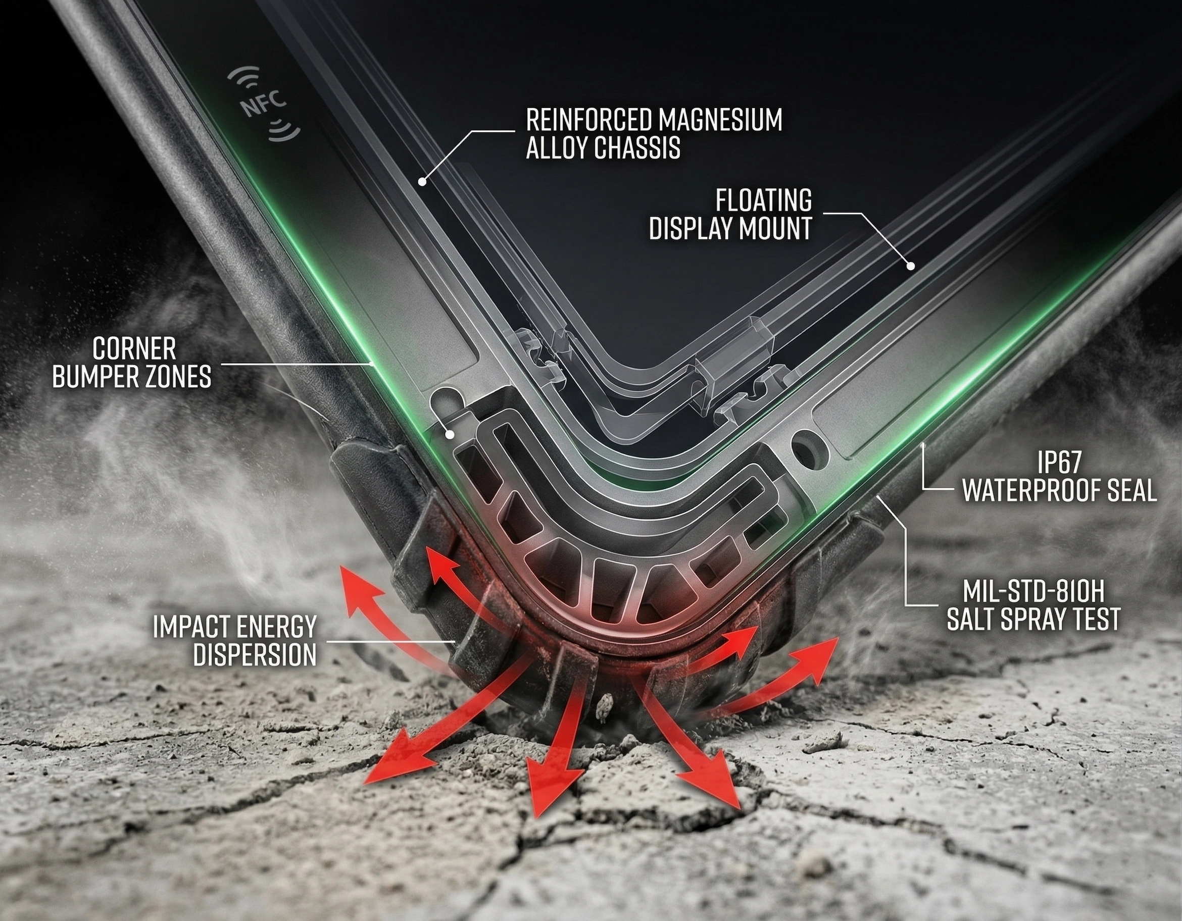 Cross-section diagram of engineering redundancy in rugged tablet showing reinforced structure, extra sealing layers, and shock absorption design