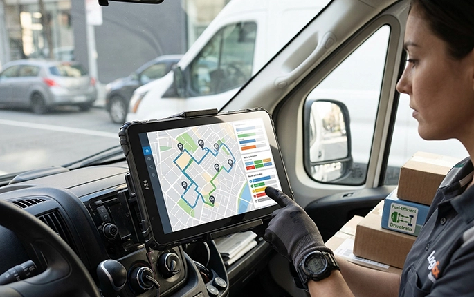 Last-mile delivery driver using rugged tablet for route planning and package management on delivery van dashboard
