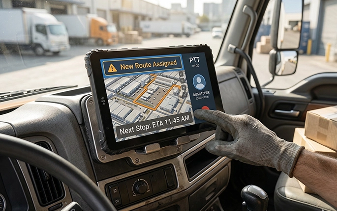 Fleet dispatcher monitoring real-time vehicle locations and assigning routes on dispatch tablet interface