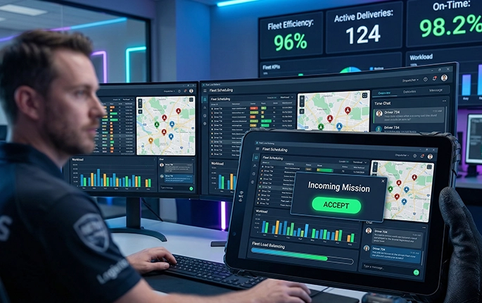 Logistics manager reviewing fleet route efficiency and delivery status on vehicle-mounted tablet
