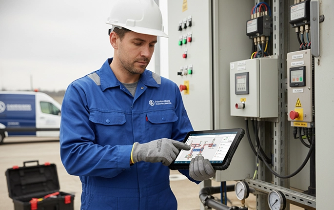 Field service technician receiving work orders and optimized service routes on rugged handheld tablet