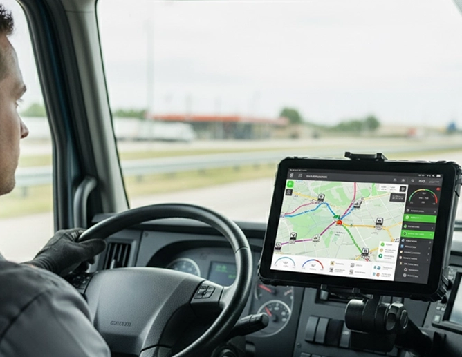 Route optimization tablet showing delivery route planning on map