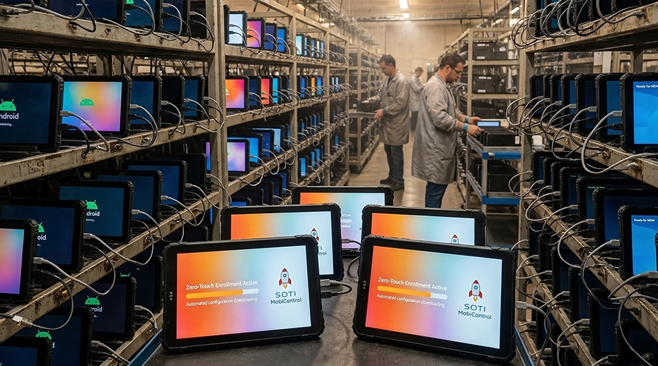 Zero-touch deployment workflow for rugged Android tablets showing automated device provisioning and MDM integration for OEM fleet projects