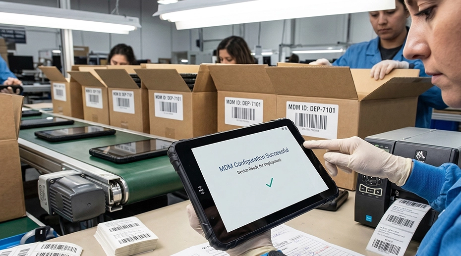 Four-step zero-touch deployment process: device power on, auto provisioning, app installation, MDM connection for rugged tablets