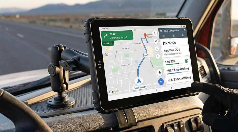 Telematics tablet device mounted on vehicle dashboard showing real-time fleet tracking and vehicle data integration for fleet management Telematics tablet device mounted on vehicle dashboard showing real-time fleet tracking and vehicle data integration for fleet management