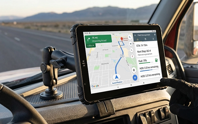 Last-mile delivery van with quick-release vehicle mount tablet for POD capture and navigation