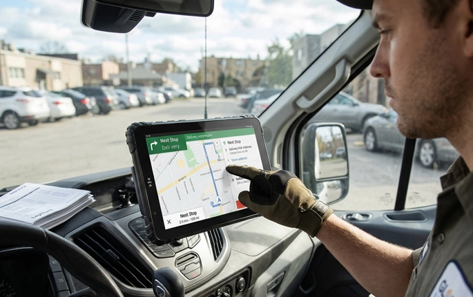Delivery driver using rugged tablet for route optimization, dispatch communication, and proof of delivery
