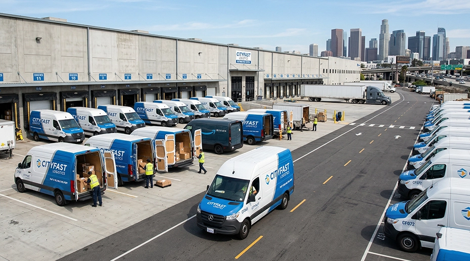 Delivery driver tablet mounted on vehicle dashboard showing GPS tracking and route optimization for fleet operations