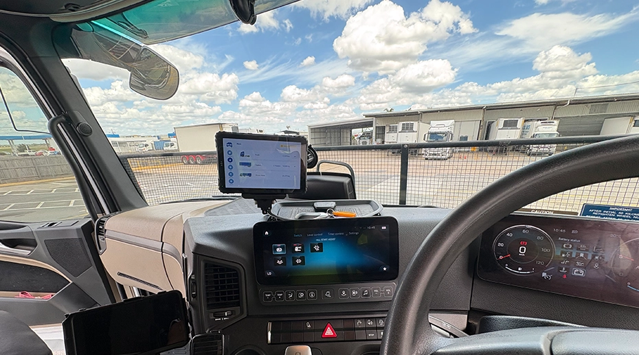rugged MDT tablet installed in heavy duty truck cabin for fleet operations rugged MDT tablet installed in heavy duty truck cabin for fleet operations