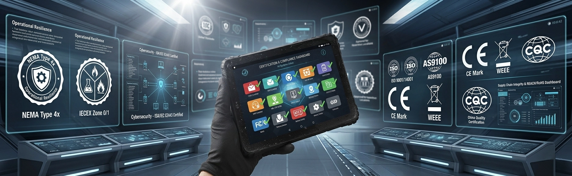 TOPICON white label rugged tablet manufacturing facility with quality control and certification displays showing ISO 9001, CE, FCC, and IP67 testing
