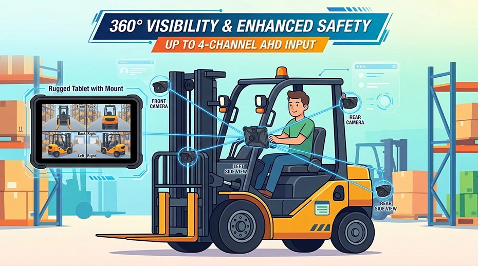 Forklift camera system diagram: four cameras connected to vehicle-mounted rugged tablet for blind spot elimination and forklift safety monitoring