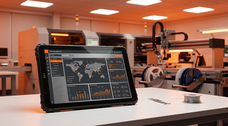 Topicon rugged tablet OEM manufacturer production line with MDT series tablet on lab workbench, showcasing industrial design and manufacturing capability.