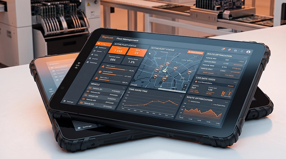 Technical diagram of customized rugged tablet and intelligent vehicle dock, showing custom I/O ports for CAN Bus, RS232, and Android SDK support.