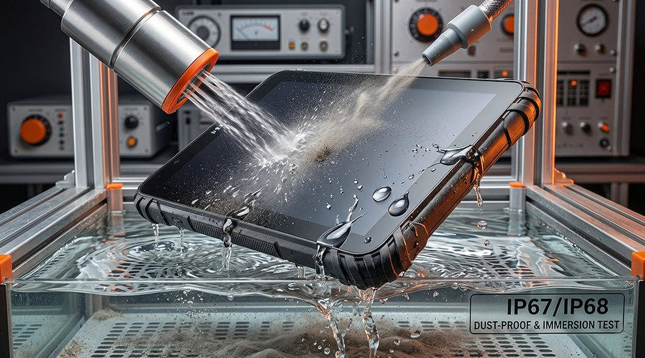 Waterproof rugged tablet undergoing IP67 immersion test, demonstrating reliable hardware design and vibration resistance for industrial deployment.