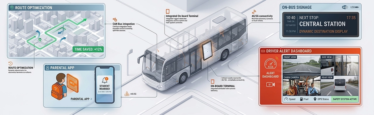 Bus tablet use cases: fleet management GPS tracking, school bus RFID check-in, passenger information system display, and onboard video monitoring for transit safety