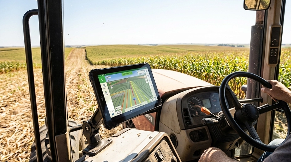 Tractor cab mounted rugged tablet with 1000-nit sunlight readable display showing GPS guidance map in bright midday sun — clear, glare-free, and fully visible despite intense outdoor sunlight